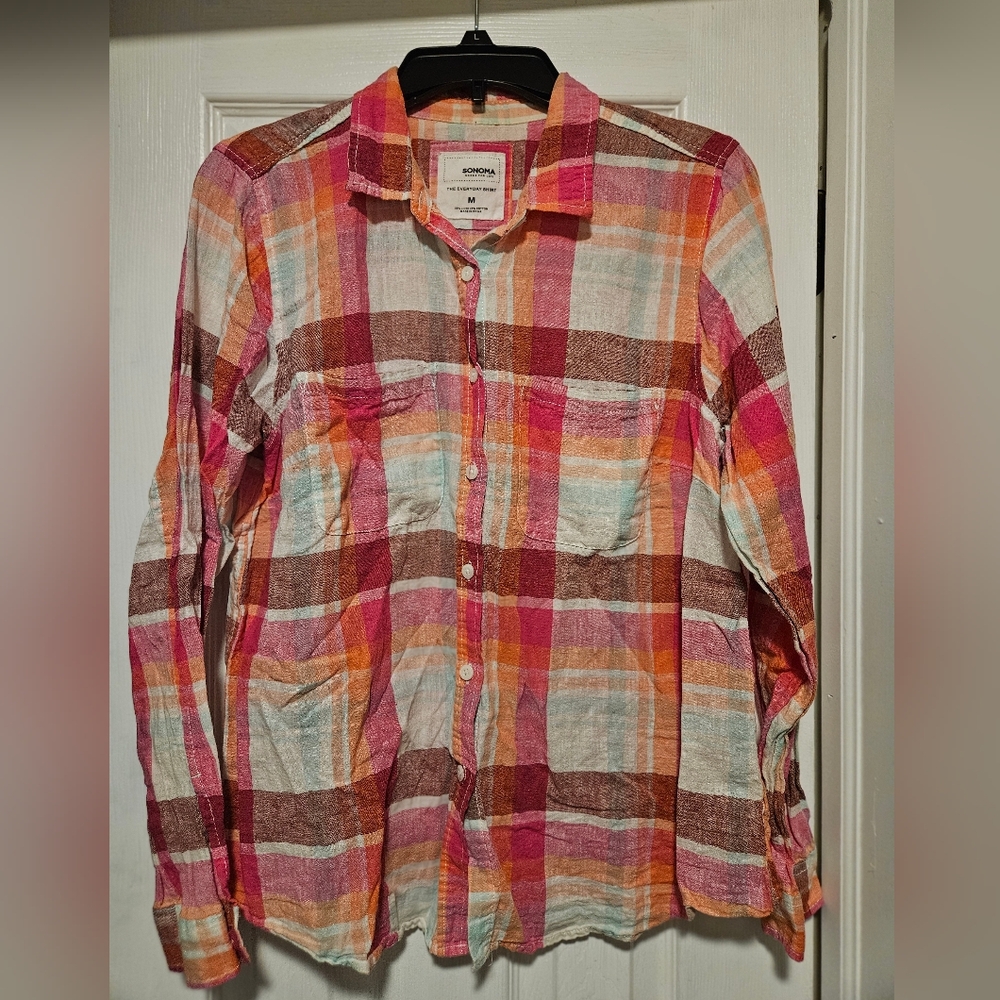 Womens Sonoma Goods for Life Plaid Linen Cotton Blend Button Front Shirt